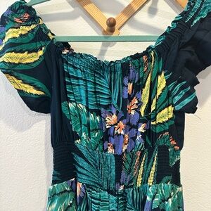 Patrons of Peace Tropical Green and Blue Jumpsuit with Ruffle Sleeves